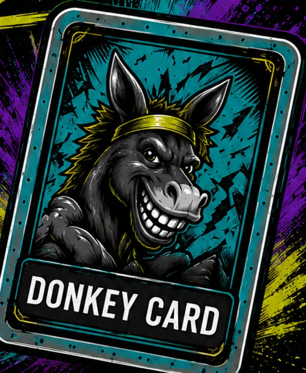 The Donkey Card: a trading-card style illustration of the Wild Donkey mascot.