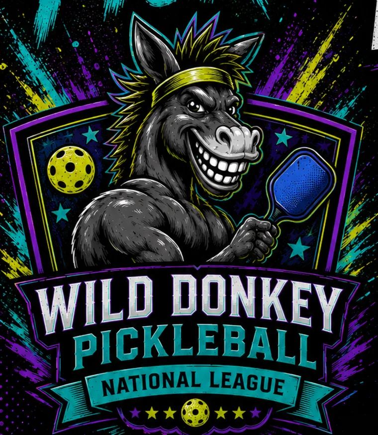 Wild Donkey Pickleball National League crest: a grinning donkey in a headband holding a paddle.