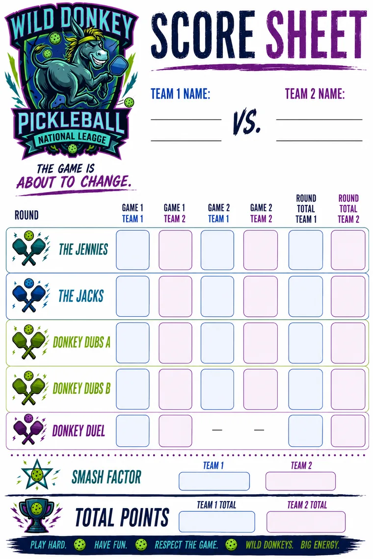 The official Wild Donkey score sheet, with a row for each of the five battles plus Smash Factor and total points.